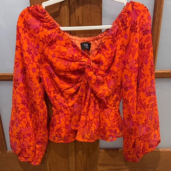 Vici Orange and Pink Floral Tie-Front Peplum Blouse - Picture 3 of 7